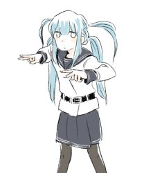 Rule 34 | 10s, 1girl, alternate hairstyle, belt, black pantyhose, black skirt, blue hair, blush, check commentary, commentary request, double v, expressionless, hair between eyes, hibiki (kancolle), kantai collection, long hair, looking at viewer, nachuraa, no headwear, pantyhose, pleated skirt, quad tails, sailor collar, simple background, skirt, solo, v, verniy (kancolle), white background, white eyes