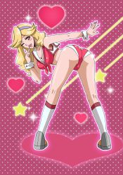 Rule 34 | 10s, 1girl, ;), ass, ass cutout, bent over, blonde hair, blush, blush stickers, boobies uniform, breasts, choker, cleavage, clothing cutout, crop top, female focus, finger to mouth, from behind, front-tie top, hairband, heart, honey (space dandy), karoll ann, large breasts, long hair, looking at viewer, one eye closed, pigeon-toed, pink theme, red eyes, short shorts, shorts, smile, socks, solo, space dandy, standing, wink, wrist cuffs