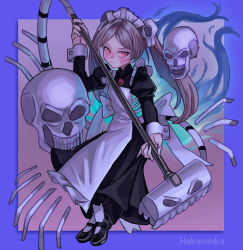 Rule 34 | 1girl, apron, bloody marie (skullgirls), blue border, blush, border, brooch, dress, fire, frilled apron, frilled dress, frills, grey hair, hair ornament, hakainoika, highres, jewelry, long hair, maid headdress, mary janes, pink background, red eyes, shoes, skull, skull hair ornament, skullgirls, solo, twintails, vacuum cleaner