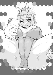 Rule 34 | 1girl, :d, animal ears, blush, breasts, cellphone, cleavage, crotch, earrings, fake animal ears, goddess of victory: nikke, greyscale, hair intakes, hand on own thigh, highres, holding, holding phone, horns, jewelry, large breasts, leotard, long hair, looking at object, monochrome, naga no chahua hui, open mouth, phone, playboy bunny, rabbit ears, single earring, smartphone, smile, solo, spread legs, strapless, strapless leotard, sweat, viper (nikke), viper (toxic rabbit) (nikke)