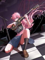 Rule 34 | 1girl, absurdres, arcainnon, artist name, artistic error, ass, black shirt, black socks, blue eyes, bocchi the rock!, breasts, brown footwear, checkered floor, clothes writing, concert, covered erect nipples, crowd, cube hair ornament, electric guitar, floating hair, frown, gotoh hitori, grey skirt, guitar, hair between eyes, hair ornament, highres, instrument, jacket, kneehighs, large breasts, loafers, long hair, long sleeves, looking at viewer, microphone stand, music, no panties, on one knee, one side up, open clothes, open jacket, pink hair, pink jacket, playing instrument, plectrum, school uniform, serious, shirt, shoes, shuka high school uniform, skirt, sleeves rolled up, socks, solo focus, track jacket, very long hair