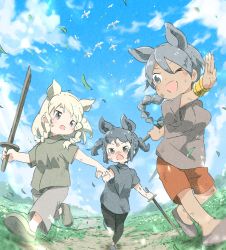 Rule 34 | 3girls, absurdres, alternate costume, alternate hairstyle, animal, animal ears, bird, black hair, black rhinoceros (kemono friends), blonde hair, blue sky, bracelet, braid, braided ponytail, child, day, drill hair, extra ears, fisheye, grey eyes, grey hair, hair between eyes, hakoneko (marisa19899200), holding hands, highres, holding, indian rhinoceros (kemono friends), jewelry, kemono friends, long hair, looking at another, medium hair, multiple girls, one eye closed, open mouth, outdoors, outstretched arm, pants, rhinoceros ears, running, scratches, shirt, shoes, short sleeves, shorts, sidelocks, grey eyes, sky, smile, sword, tail, tan, tearing up, toy sword, twin drills, two side up, v-shaped eyebrows, weapon, white rhinoceros (kemono friends), wind, wooden sword, aged down