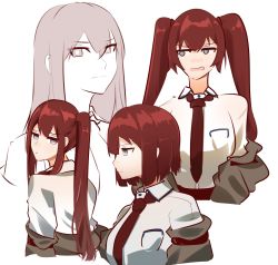 Rule 34 | 1girl, absurdres, alternate hairstyle, blouse, blush, bob cut, breast pocket, collared shirt, expression request, eyes visible through hair, grey eyes, highres, holeecrab, jacket, long hair, makise kurisu, medium hair, necktie, no nose, pocket, red necktie, shirt, simple background, steins;gate, tagme, twintails, upper body, variations, white background, white shirt