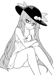 Rule 34 | 1girl, alternate costume, breasts, bright pupils, closed mouth, commentary, crossed arms, dress, food, fruit, greyscale, hat, high contrast, hinanawi tenshi, knees up, leaf, long hair, looking at viewer, monochrome, onkn sxkn, peach, sidelocks, simple background, sitting, small breasts, smile, solo, touhou, very long hair