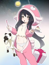 Rule 34 | + +, 10s, 1girl, anglerfish costume, black hair, blush, bow, brown eyes, cake, camisole, cat, commentary request, fish hood, food, food on face, fork, frown, gift, girls und panzer, gradient background, hairband, holding, holding fork, holding plate, long hair, looking at viewer, midriff, navel, night, night sky, open mouth, open pajamas, pajamas, panties, plate, reizei mako, shirt, sky, solo, standing, star (sky), starry sky, underwear, wata do chinkuru, white hairband, white panties, white shirt