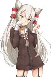 Rule 34 | 1girl, amatsukaze (kancolle), animal ears, bell, black choker, blush, breasts, brown eyes, brown shirt, cat ears, choker, closed mouth, contrapposto, cowboy shot, garter straps, gloves, hair tubes, hands up, highres, hoshimiya mashiro, jingle bell, kantai collection, kemonomimi mode, legs apart, light frown, long hair, long sleeves, looking at viewer, neck bell, paw pose, raised eyebrows, sailor collar, shirt, silver hair, single glove, small breasts, solo, standing, straight hair, two side up, very long hair, white gloves, white sailor collar