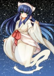 Rule 34 | 1girl, blue hair, blush, ghost, ghost tail, green eyes, highres, long hair, looking at viewer, minaha (playjoe2005), see-through, shikihime zoushi, smile, solo, very long hair
