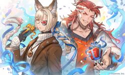 Rule 34 | 2boys, alternate costume, animal ears, black gloves, black nails, black shirt, blonde hair, blue background, blue ribbon, box, braid, brown jacket, closed mouth, contemporary, copyright notice, diagonal bangs, erune, expressionless, falling petals, gift, gift box, glasses, gloves, granblue fantasy, grin, hair ornament, hair pulled back, hair ribbon, hairclip, half up braid, heterochromatic eyewear, holding, holding gift, jacket, lapel pin, lens flare, long hair, looking at viewer, lu woh (granblue fantasy), medallion, multicolored hair, multiple boys, official art, one eye closed, open clothes, open jacket, orange sweater, pectoral cleavage, pectorals, petals, red hair, ribbon, shirt, single braid, smile, streaked hair, sweater, turtleneck, turtleneck sweater, upper body, white background, white hair, white jacket, white sweater, wilnas (granblue fantasy), yellow eyes