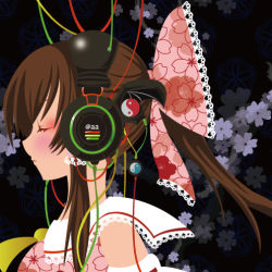 Rule 34 | 1girl, alternate color, ascot, bow, brown hair, cable, collar, commentary request, detached sleeves, closed eyes, floral background, floral print, frilled collar, frilled shirt collar, frills, hair bow, hair tubes, hakurei reimu, headphones, lowres, ponytail, profile, rav as, ribbon-trimmed sleeves, ribbon trim, sleeveless, solo, touhou, wire