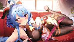Rule 34 | 1girl, ahoge, armpits, bare shoulders, bell, black leotard, blue hair, blush, breasts, brown pantyhose, closed mouth, couch, covered navel, cowbell, curtains, fantongjun, ganyu (genshin impact), genshin impact, goat horns, gold trim, hand on own chest, highres, horns, large breasts, leotard, long hair, looking at viewer, low ponytail, lying, no shoes, on couch, on side, pantyhose, red eyes, rope, solo, sweat, window