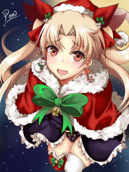 Rule 34 | 1girl, :o, blonde hair, blush, bow, cape, christmas, commentary request, earrings, ereshkigal (fate), fate/grand order, fate (series), fur-trimmed cape, fur trim, green bow, hair ribbon, hat, highres, jewelry, long hair, looking at viewer, mismatched earrings, mistletoe, pon (syugaminp), red cape, red eyes, ribbon, santa hat, solo, thighhighs, tohsaka rin, two side up