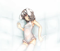 Rule 34 | 1girl, animal ears, black hair, casual one-piece swimsuit, female focus, flat chest, highres, inaba tewi, navel, nipples, one-piece swimsuit, rabbit ears, rabbit girl, rabbit tail, see-through, short hair, shower head, showering, solo, swimsuit, tail, thighhighs, touhou, ukinon (yukinosp1)