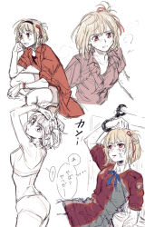Rule 34 | 1girl, blonde hair, blue ribbon, bound, bruise, bruise on face, commentary, cuffs, dress, hair ribbon, handcuffs, highres, injury, jacket, koyomania, lycoris recoil, lycoris uniform, medium hair, multiple views, neck ribbon, nishikigi chisato, one side up, open mouth, panties, parted lips, red dress, red eyes, red jacket, red ribbon, red shirt, ribbon, shirt, simple background, smile, sports bra, sweatdrop, thought bubble, tied up (nonsexual), translation request, underwear, white background