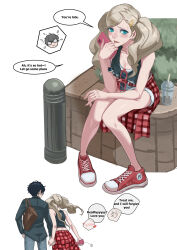 Rule 34 | 1boy, 1girl, absurdres, amamiya ren, bag, black jacket, black tank top, blue eyes, blush, breasts, brown bag, bush, cleavage, clothes around waist, couple, cup, dating, day, disposable cup, earrings, english text, eyewear hang, hair ornament, hairclip, handbag, heart, highres, holding hands, hot, jacket, jewelry, long hair, looking at viewer, medium breasts, open mouth, outdoors, persona, persona 5, plaid, plaid shirt, red-framed eyewear, red footwear, shirt, shirt around waist, shoes, short shorts, shorts, sitting, sneakers, speech bubble, spoken blush, spoken emoji, spoken expression, stud earrings, sunglasses, swallowszinan, sweat, takamaki anne, talking, tank top, thighs, twintails, typo, unworn eyewear, waiting, wavy hair, white background