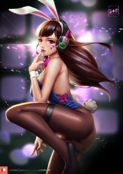 Rule 34 | 1girl, absurdres, animal ears, animal print, artist name, ass, bare shoulders, black footwear, black nails, blue leotard, blurry, blurry background, bow, bowtie, breasts, brown eyes, brown hair, brown pantyhose, cowboy shot, d.va (overwatch), detached collar, eyelashes, facepaint, facial mark, fake animal ears, finger to mouth, fingernails, from side, headphones, high heels, highres, large breasts, leg up, leotard, lips, lipstick, long hair, looking at viewer, makeup, nail polish, nose, overwatch, overwatch 1, pantyhose, pink lips, playboy bunny, rabbit ears, rabbit print, rabbit tail, realistic, solo, strapless, strapless leotard, tail, watermark, web address, whisker markings, wrist cuffs, xili fish