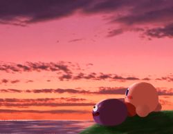 Rule 34 | backlighting, black eyes, blue eyes, blush, blush stickers, closed mouth, cloud, from behind, full body, gooey (kirby), gradient sky, grass, happy, highres, horizon, kirby, kirby (series), miwa (ahyuck), nintendo, no humans, ocean, open mouth, orange sky, outdoors, pink sky, sideways mouth, sitting, sky, slime (creature), smile, solid oval eyes, sunset, water