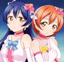Rule 34 | 2girls, bare shoulders, blue hair, blush, bokutachi wa hitotsu no hikari, choker, commentary request, dress, elbow gloves, flower, gloves, green eyes, hair between eyes, hair flower, hair ornament, hoshizora rin, jewelry, long hair, looking at viewer, love live!, love live! school idol project, multiple girls, necklace, orange hair, short hair, smile, sonoda umi, upper body, wewe, yellow eyes