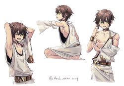 Rule 34 | 1boy, ancient greek clothes, armpits, arms behind head, arsh (thestarwish), brown hair, chiton, fate/grand order, fate (series), green eyes, kneeling, makarios (fate), male focus, nipples, simple background, toga, white background