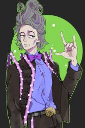 Rule 34 | 1boy, 8-foot joe, bow, bowtie, clenched teeth, disneyland, formal, frills, green eyes, green outline, grey hair, highres, long sleeves, looking at viewer, male focus, multicolored hair, outline, pale skin, purple hair, recruiters (disney), seashell, shell, shell buttons, solo, streaked hair, suit, sweetp247, teeth, tentacle clothes, tokyo disneysea