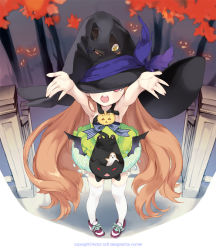 Rule 34 | 1girl, arms up, brown hair, comet (teamon), dress, halloween, hat, long hair, looking at viewer, open mouth, original, pigeon-toed, pink hair, porch, shoes, sneakers, solo, standing, thighhighs, very long hair, white thighhighs, witch hat