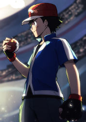 Rule 34 | 1boy, absurdres, ash ketchum, black gloves, black hair, black pants, black shirt, blue jacket, blurry, brown eyes, closed mouth, commentary request, creatures (company), depth of field, fingerless gloves, from side, game freak, gloves, hand up, hat, highres, holding, holding poke ball, jacket, male focus, nintendo, pants, poke ball, poke ball (basic), pokemon, pokemon (anime), pokemon xy (anime), red hat, shirt, short hair, short sleeves, smile, solo, stadium, yoi (207342)