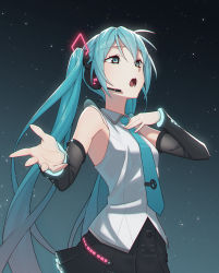 Rule 34 | 1girl, aqua eyes, aqua hair, aqua necktie, bare shoulders, black skirt, black sleeves, commentary, detached sleeves, facing to the side, foreshortening, glowing, hair ornament, hand on own chest, hatsune miku, hatsune miku (vocaloid4), headphones, headset, highres, long hair, miniskirt, necktie, neon trim, night, night sky, open mouth, outstretched arm, pleated skirt, shirt, skirt, sky, sleeveless, sleeveless shirt, solo, star (sky), star (symbol), starry background, starry sky, tie clip, twintails, upper body, v4x, very long hair, vocaloid, white shirt, yasutange