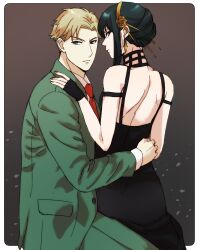 Rule 34 | 1boy, 1girl, absurdres, bare shoulders, black hair, blonde hair, blue eyes, collared shirt, couple, dress, earrings, face-to-face, formal, gold earrings, green suit, hand on another&#039;s back, hetero, highres, husband and wife, jewelry, long hair, long sleeves, necktie, red eyes, red tie, shirt, short hair, sidelocks, spy x family, suit, tama . kogifu, twilight (spy x family), two-sided dress, two-sided fabric, white shirt, yor briar