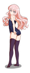 Rule 34 | 1girl, absurdres, adjusting clothes, adjusting swimsuit, ass, bare shoulders, black thighhighs, blush, flat chest, hair between eyes, highres, hisaku111, long hair, looking at viewer, looking back, louise francoise le blanc de la valliere, pink eyes, pink hair, school swimsuit, shadow, sidelocks, simple background, swimsuit, thighhighs, wavy hair, white background, zero no tsukaima
