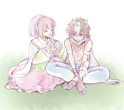 Rule 34 | 1boy, 1girl, bare shoulders, blush, brown hair, caius qualls, cloak, dress, closed eyes, flower, gloves, long hair, multicolored hair, necklace, open mouth, pants, pink hair, ponytail, rubia natwick, scarf, shoes, short hair, tales of (series), tales of the tempest