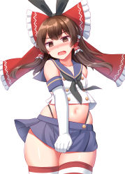 Rule 34 | 1girl, @ @, absurdres, black hairband, blue skirt, bow, brown eyes, brown hair, cosplay, elbow gloves, gloves, hair bow, hair tubes, hairband, hakurei reimu, highres, kantai collection, looking at viewer, medium hair, navel, open mouth, red bow, shimakaze (kancolle), shimakaze (kancolle) (cosplay), simple background, skindentation, skirt, striped clothes, striped thighhighs, thighhighs, thighs, tokyo yamane, touhou, white background, white gloves, zettai ryouiki