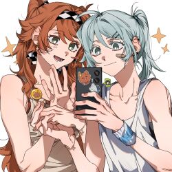 Rule 34 | 2girls, alternate hairstyle, bandaid, bandaid on face, bare arms, bracelet, bright pupils, cellphone, checkered hairband, closed mouth, commentary, ear piercing, earrings, freckles, green eyes, grey eyes, grey hair, grey tank top, hair ornament, hairclip, highres, holding hands, interlocked fingers, jewelry, long hair, molu stranger, multiple girls, open mouth, orange hair, phone, piercing, ponytail, reverse:1999, selfie, simple background, smartphone, smile, sonetto (reverse:1999), star (symbol), star earrings, tank top, two side up, upper body, vertin (reverse:1999), waving, white background, white pupils, white tank top, wristband, yuri, z (reverse:1999)