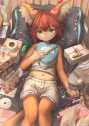 Rule 34 | animal ear fluff, aqua eyes, box, brand name imitation, can, child, drink can, duct tape, echa4797, envelope, furry, gift, gift box, highres, lying, navel, original, red hair, short shorts, shorts, soda can, solo, tank top, white shorts, white tank top