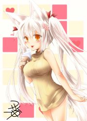 Rule 34 | 1girl, :3, :p, animal ear fluff, animal ears, bare arms, bare shoulders, blush, breasts, cowboy shot, food, fox ears, fox tail, hair ribbon, heart, holding, holding food, ice cream, kohaku (yua), long hair, looking at viewer, medium breasts, multicolored background, orange eyes, original, red eyes, red ribbon, ribbed sweater, ribbon, signature, sleeveless, slit pupils, smile, standing, sweater, sweater vest, tail, thick eyebrows, tongue, tongue out, twintails, very long hair, yellow sweater, yua (checkmate)