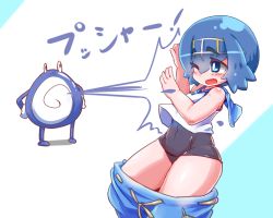 Rule 34 | 1girl, aoihitsuji, black one-piece swimsuit, blue eyes, blue hair, blue pants, blue sailor collar, blush, breasts, bright pupils, commentary request, creatures (company), feet out of frame, game freak, gen 1 pokemon, hairband, lana (pokemon), looking to the side, nintendo, one-piece swimsuit, one eye closed, open mouth, pants, pokemon, pokemon (creature), pokemon sm, poliwhirl, sailor collar, shirt, short hair, sleeveless, sleeveless shirt, small breasts, swimsuit, swimsuit under clothes, water, white background, white pupils, white shirt