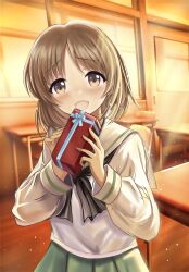 Rule 34 | 1girl, absurdres, black neckerchief, blouse, blush, brown eyes, brown hair, chair, classroom, commentary, desk, dust cloud, gift, girls und panzer, green skirt, highres, holding, holding gift, indoors, long sleeves, looking at viewer, neckerchief, nishizumi miho, ooarai school uniform, open mouth, pleated skirt, sailor collar, school chair, school desk, school uniform, serafuku, shirt, short hair, skirt, smile, solo, standing, sunlight, twilight, valentine, white sailor collar, white shirt, zaofeng