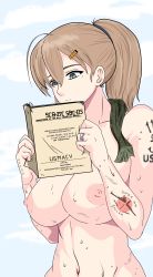 Rule 34 | 1girl, ahoge, cloud, cloudy sky, day, english text, highres, intrepid (kancolle), jewelry, kantai collection, kilroylw, nipples, ring, sky, solo, tagme, tattoo, wedding band