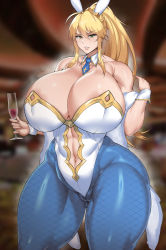 Rule 34 | 1girl, abs, absurdres, ahoge, animal ears, areola slip, armpit hair, artoria pendragon (all), artoria pendragon (fate), artoria pendragon (swimsuit ruler) (fate), bare shoulders, blonde hair, blue necktie, blurry, blurry background, braid, breasts, cleavage, cleft of venus, clothing cutout, cross print, cup, depth of field, detached collar, drinking glass, fake animal ears, fate/grand order, fate (series), feather boa, female pubic hair, fishnet pantyhose, fishnets, gigantic breasts, gluteal fold, gold trim, green eyes, hair between eyes, highleg, highleg leotard, highres, holding, holding cup, impossible clothes, impossible leotard, leotard, long hair, looking at viewer, muscular, muscular female, natedecock, navel, navel cutout, navel hair, necktie, off shoulder, pantyhose, playboy bunny, ponytail, pubic hair, rabbit ears, sidelocks, solo, thick lips, thighs, white leotard, wide hips, wine glass, wrist cuffs