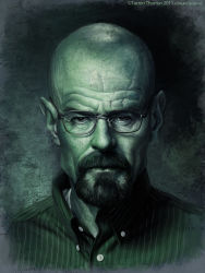 Rule 34 | 1boy, bald, breaking bad, collared shirt, facial hair, glasses, green theme, highres, looking at viewer, male focus, monochrome, realistic, serious, shirt, solo, torren thomas, walter white, watermark, wrinkled skin