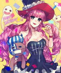 Rule 34 | 1girl, breasts, cleavage, dress, drill hair, flower, frilled dress, frills, ghost, grey eyes, happy birthday, hat, hat flower, head tilt, kumacy, large breasts, lipstick, long hair, looking at viewer, makeup, one piece, perona, pink hair, red lips, sanme, smile, solo, stuffed animal, stuffed toy, teddy bear, wristband