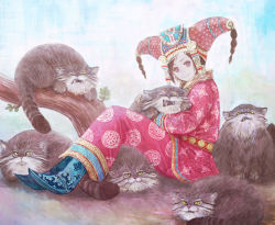 Rule 34 | 1girl, animal, branch, brown hair, cat, djasal, fangs, hair ornament, holding animal, looking at viewer, matajirou (matagiro), mongolian clothes, original, purple eyes, sitting, smile, solo, traditional clothes, twintails, yellow eyes