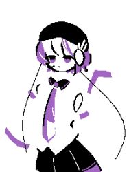 Rule 34 | 1girl, absurdres, black beret, black skirt, blending, cable, closed mouth, collared shirt, cowboy shot, hand up, hashtag-only commentary, headgear, highres, jaggy lines, kingyobeee, limited palette, looking at viewer, necktie, pleated skirt, purple eyes, purple hair, purple necktie, shirt, short hair, simple background, skirt, solo, standing, utane uta, utau, white background