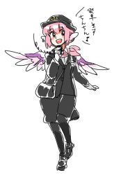 Rule 34 | 1girl, alternate costume, contemporary, female focus, full body, mitsumoto jouji, mystia lorelei, pantyhose, pink hair, police, shoes, simple background, sketch, solo, standing, touhou, tour guide, translation request, white background, wings