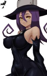 Rule 34 | 1girl, :3, bare shoulders, black dress, black hat, blair (soul eater), breasts, cleavage, closed mouth, covered erect nipples, detached sleeves, dress, flipped hair, hair between eyes, half-closed eyes, halloween, hat, highres, impossible clothes, large breasts, looking at viewer, mrjack, naughty face, purple hair, skin tight, solo, soul eater, witch, witch hat, yellow eyes