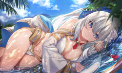 Rule 34 | 1girl, bare shoulders, beach, bikini, blue eyes, blue hair, blue sky, breasts, cleavage, detached sleeves, fate/grand order, fate (series), flower, gold trim, hair flower, hair ornament, hair ribbon, large breasts, long hair, long skirt, long sleeves, looking at viewer, lying, morgan le fay (fate), morgan le fay (water princess) (fate), neko daruma, on side, ponytail, puffy long sleeves, puffy sleeves, ribbon, sidelocks, skirt, sky, smile, solo, swimsuit, thighs, very long hair, water, white bikini, white hair, white skirt