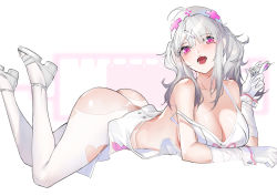Rule 34 | 1girl, :d, absurdres, ahoge, apron, ass, bare shoulders, blush, breasts, cleavage, collarbone, elbow gloves, feet up, gloves, grey footwear, hair ornament, hairclip, hat, highres, holding, holding syringe, horz, large breasts, long hair, looking at viewer, lying, mole, mole under eye, nijisanji, nurse cap, on stomach, open mouth, pantyhose, pink eyes, sandals, sidelocks, silver hair, smile, solo, strap slip, sukoya kana, syringe, torn clothes, torn pantyhose, twintails, two-tone background, virtual youtuber, white apron, white gloves, white pantyhose, wrist cuffs, x hair ornament