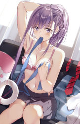 Rule 34 | 1girl, arm up, bare arms, bare shoulders, blue ribbon, blush, bow, bow bra, bra, breasts, brown skirt, collarbone, couch, cup, curtains, day, diagonal-striped clothes, diagonal-striped necktie, diagonal-striped neckwear, dutch angle, fate/grand order, fate (series), hair between eyes, hand up, highres, indoors, long hair, medium breasts, meltryllis (fate), mouth hold, mug, navel, necktie, niii (memstapak), no shoes, on couch, pillow, pink bra, pleated skirt, purple eyes, purple hair, red necktie, ribbon, ribbon in mouth, shirt, sitting, skirt, solo, striped clothes, striped necktie, striped neckwear, sunlight, transparent, underwear, unworn necktie, unworn shirt, very long hair, white shirt