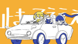 Rule 34 | 2girls, astronaut, black hands, blonde hair, blue eyes, blue hair, bow, bowtie, car, cat, colored extremities, convertible, driving, floating hair, golden number (vocaloid), helmet, holding, in-franchise crossover, limited palette, long hair, low twintails, medium hair, motor vehicle, multiple girls, open mouth, orange background, over! (vocaloid), ponytail, sabaku (saba9), scared, screaming, short sleeves, space helmet, steering wheel, sweat, tearing up, trembling, twintails, vocaloid, wavy mouth, wide-eyed, yellow bow, yellow eyes
