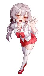 Rule 34 | 1boy, absurdres, arm behind back, blush, bow, bowtie, fang, full body, grey hair, hand up, highres, leaning forward, long hair, male focus, open mouth, otonashi (otonashi5959), pleated skirt, red bow, red bowtie, red footwear, red skirt, shirt, shoes, simple background, skirt, solo, standing, thighhighs, tongkkangi, tongkkangi (streamer), trap, virtual youtuber, white background, white shirt, white thighhighs, yellow eyes