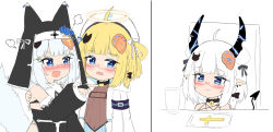 Rule 34 | + +, 3girls, :3, ahoge, animal ears, bailingxiao jiu, bare shoulders, bell, beret, black bow, black collar, black dress, black sleeves, blonde hair, blue eyes, blunt bangs, blush, bow, braid, bridal gauntlets, closed mouth, collar, commentary request, covered navel, demon girl, demon horns, demon tail, detached sleeves, dress, fake animal ears, fang, habit, hair bow, halo, hat, highres, hood, hood down, hooded jacket, horns, jacket, jingle bell, long sleeves, meme, multiple girls, neck bell, nun, open clothes, open jacket, open mouth, original, pointing, pointy ears, puffy long sleeves, puffy sleeves, red-framed eyewear, semi-rimless eyewear, simple background, sleeveless, sleeveless dress, sleeves past wrists, smile, stiff tail, tail, tears, under-rim eyewear, white background, white hair, white headwear, white jacket, woman yelling at cat (meme)