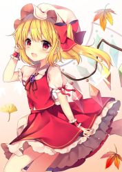 Rule 34 | 1girl, :d, arm up, autumn leaves, beige background, blonde hair, bow, breasts, brooch, brown ribbon, commentary request, crystal, fang, feet out of frame, flandre scarlet, gradient background, hat, hat bow, head tilt, highres, jewelry, lace trim, light particles, long hair, mob cap, neck ribbon, one side up, open mouth, petticoat, puffy short sleeves, puffy sleeves, red bow, red eyes, red skirt, red vest, ribbon, ruhika, shirt, short sleeves, skirt, skirt set, small breasts, smile, solo, thighs, touhou, vest, white background, white hat, white shirt, wings, wrist cuffs